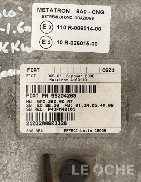Etichetta e codici dell'ECU usata per Fiat Doblò